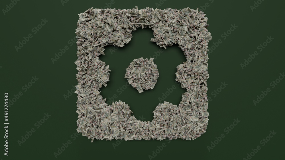 Poster 3d rendering of dollar cash rolls and stacks in shape of symbol of cogwheel in square on green backg