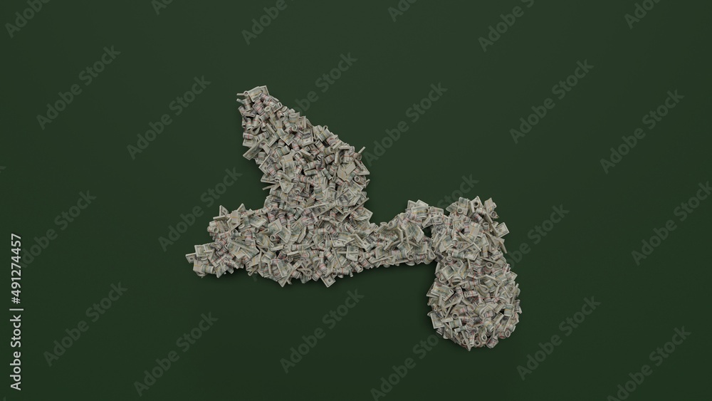 Poster 3d rendering of dollar cash rolls and stacks in shape of symbol of storck on green background