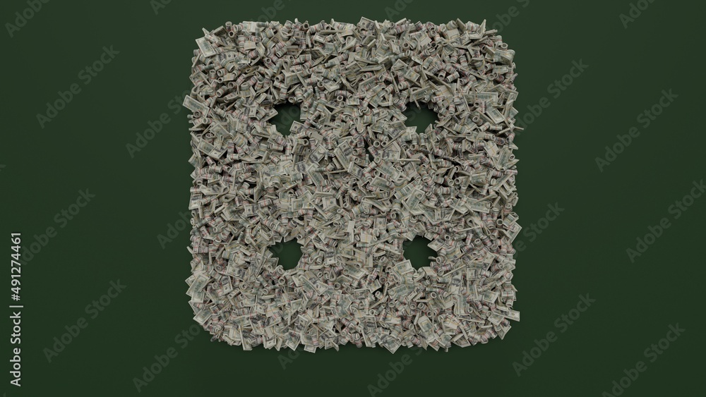Poster 3d rendering of dollar cash rolls and stacks in shape of symbol of dice four on green background