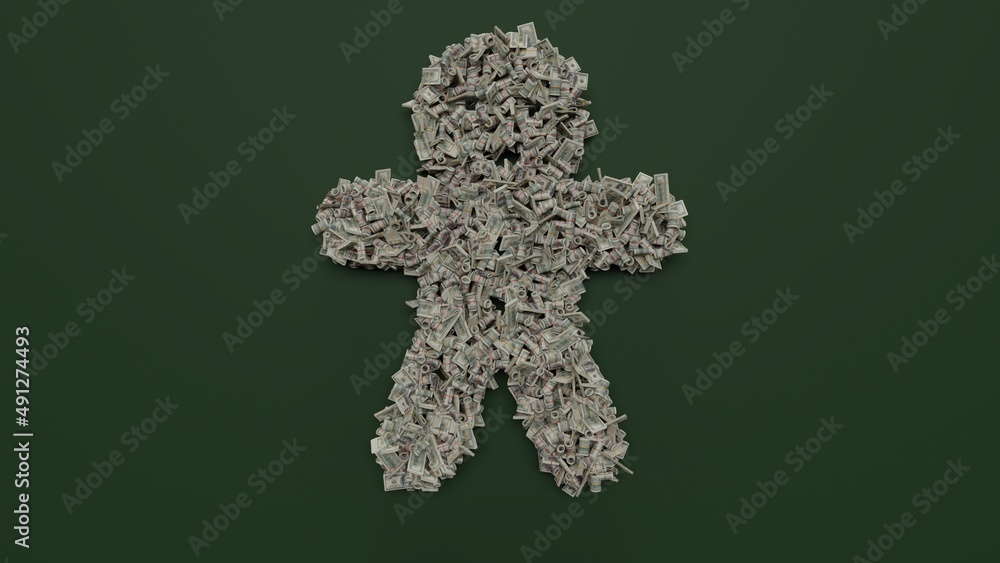 Poster 3d rendering of dollar cash rolls and stacks in shape of symbol of gingerbread on green background