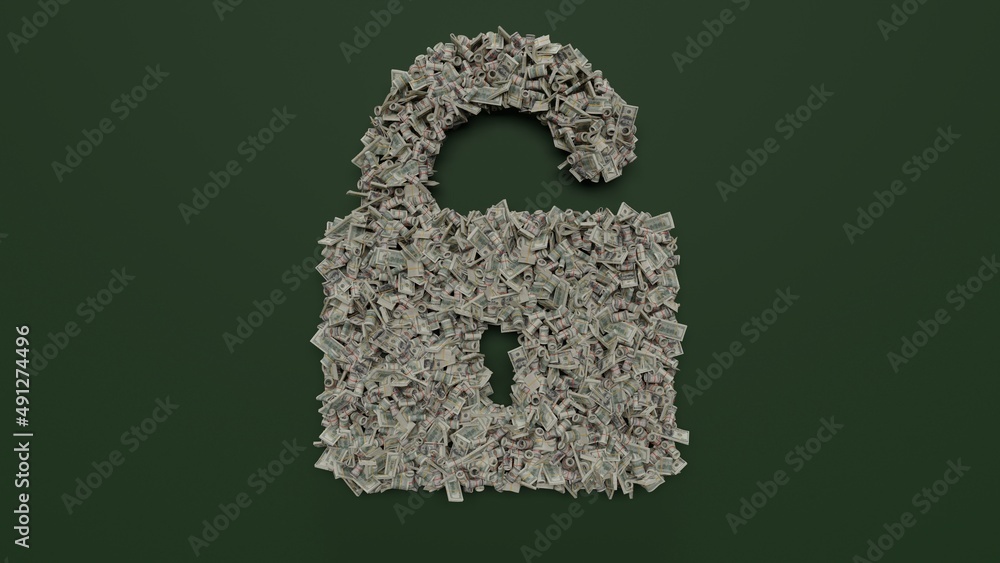 Poster 3d rendering of dollar cash rolls and stacks in shape of symbol of padlock on green background