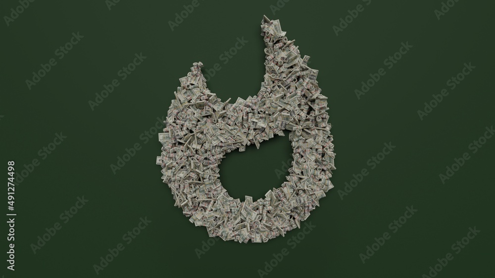 Poster 3d rendering of dollar cash rolls and stacks in shape of symbol of interface on green background