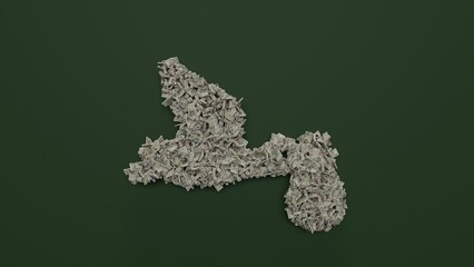 3d rendering of dollar cash rolls and stacks in shape of symbol of storck on green background