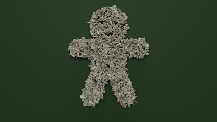 3d rendering of dollar cash rolls and stacks in shape of symbol of gingerbread on green background