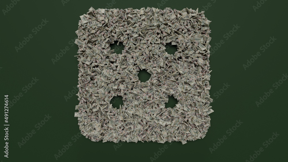 Poster 3d rendering of dollar cash rolls and stacks in shape of symbol of dice five on green background