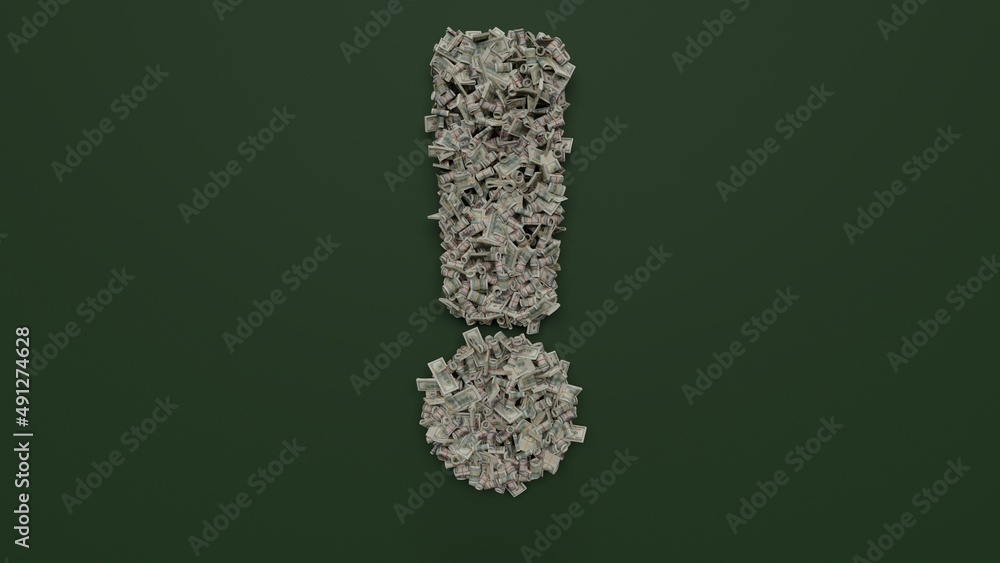Poster 3d rendering of dollar cash rolls and stacks in shape of symbol of exclamation on green background