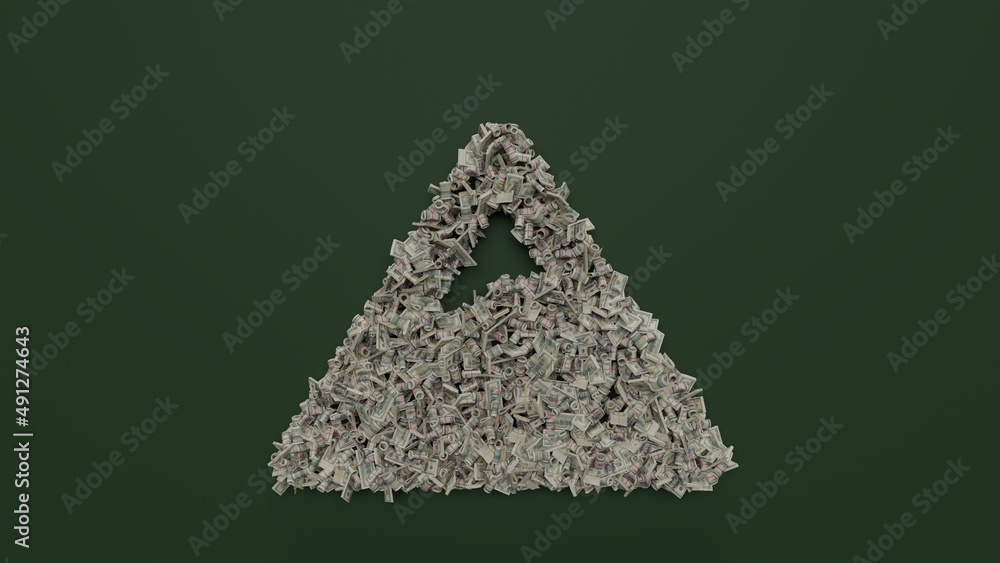 Poster 3d rendering of dollar cash rolls and stacks in shape of symbol of mountain on green background
