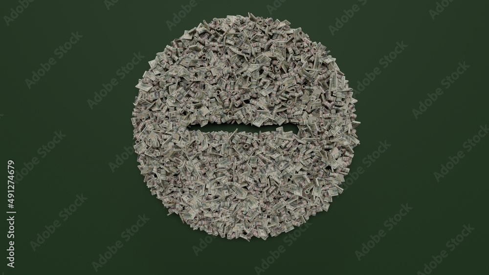 Poster 3d rendering of dollar cash rolls and stacks in shape of symbol of minus on green background