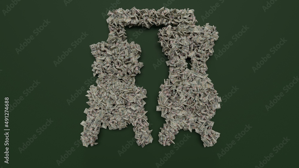 Poster 3d rendering of dollar cash rolls and stacks in shape of symbol of alchemy on green background