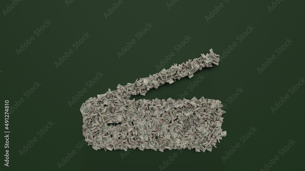 Poster 3d rendering of dollar cash rolls and stacks in shape of symbol of scanner on green background