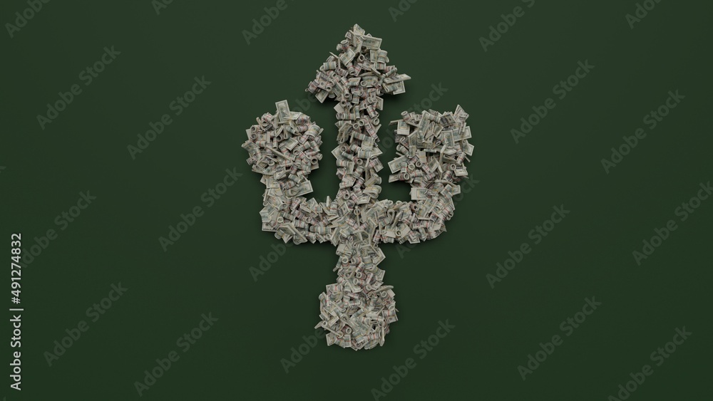 Poster 3d rendering of dollar cash rolls and stacks in shape of symbol of technology on green background