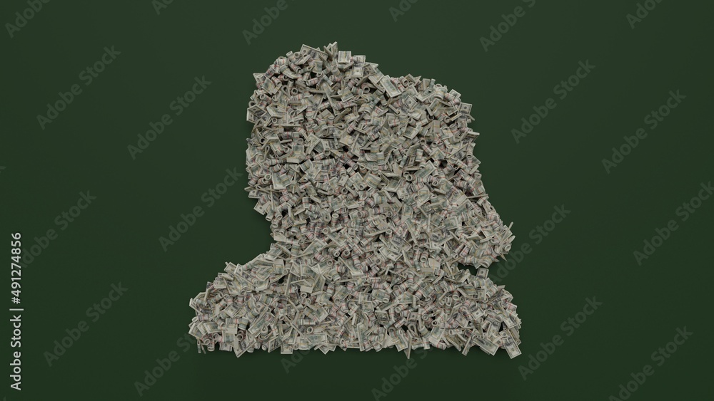 Poster 3d rendering of dollar cash rolls and stacks in shape of symbol of users on green background