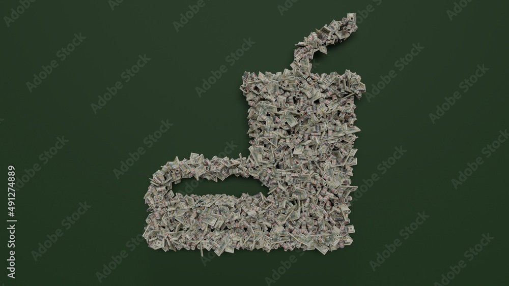 Poster 3d rendering of dollar cash rolls and stacks in shape of symbol of fast food on green background