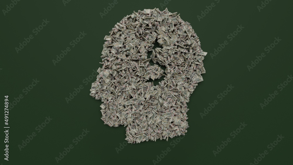 Aufkleber 3d rendering of dollar cash rolls and stacks in shape of symbol of idea on green background