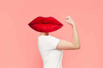 Strong woman headed by red lips raises arm and shows bicep isolated on color pink background....