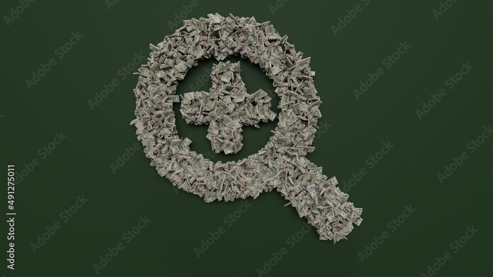 Poster 3d rendering of dollar cash rolls and stacks in shape of symbol of search plus on green background