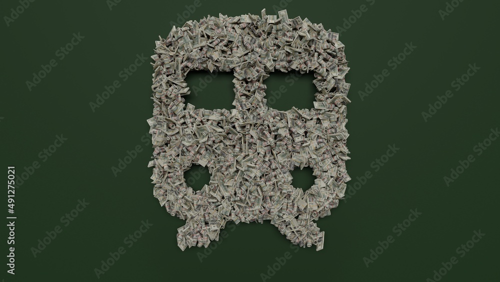 Poster 3d rendering of dollar cash rolls and stacks in shape of symbol of train on green background