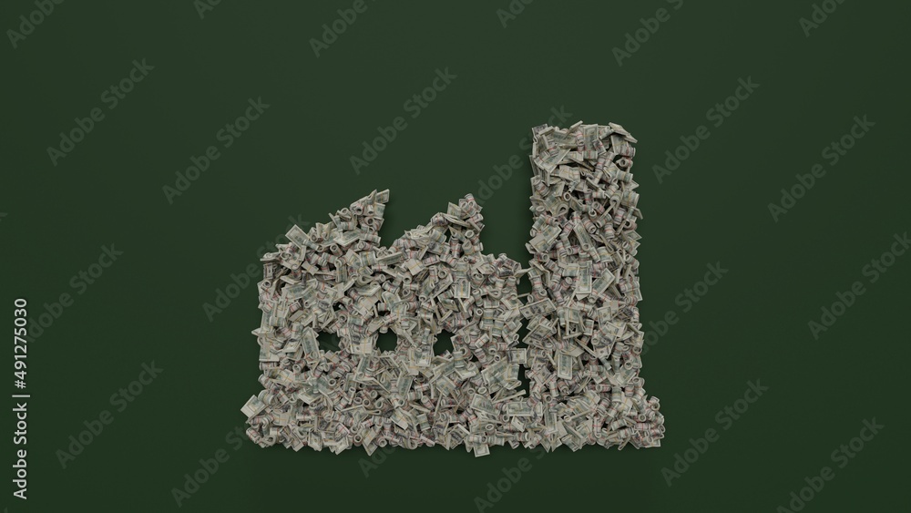 Poster 3d rendering of dollar cash rolls and stacks in shape of symbol of factory on green background