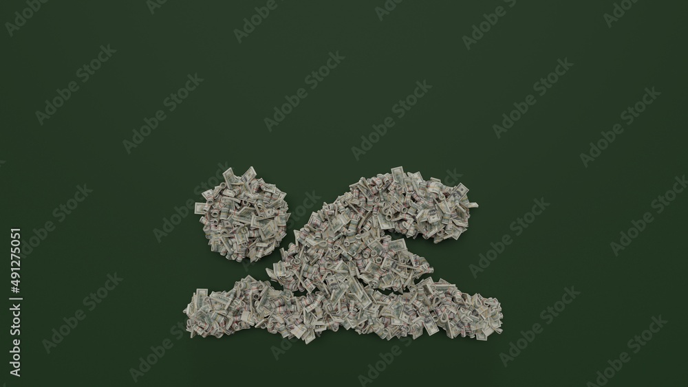 Poster 3d rendering of dollar cash rolls and stacks in shape of symbol of swimmer on green background