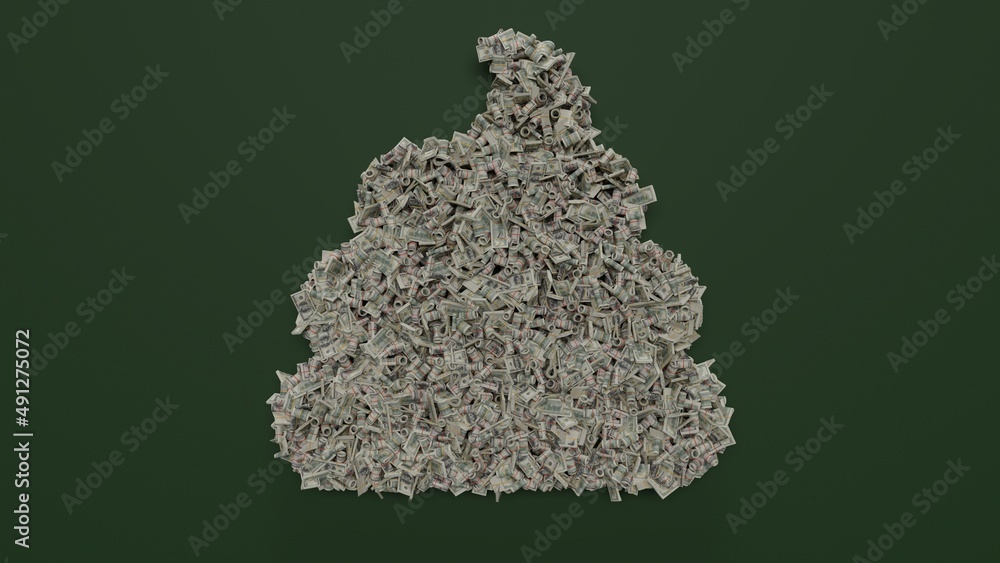 Poster 3d rendering of dollar cash rolls and stacks in shape of symbol of poop on green background