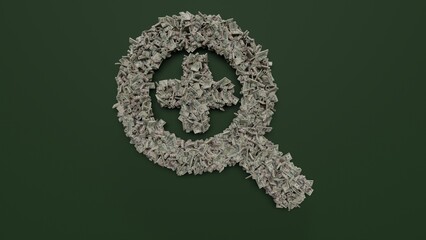 3d rendering of dollar cash rolls and stacks in shape of symbol of search plus on green background