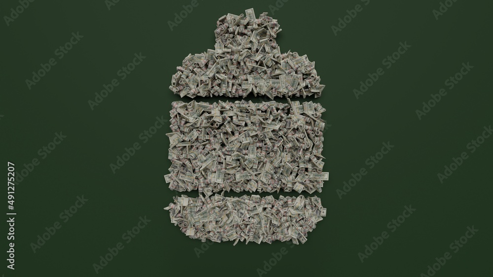 Poster 3d rendering of dollar cash rolls and stacks in shape of symbol of bottle on green background