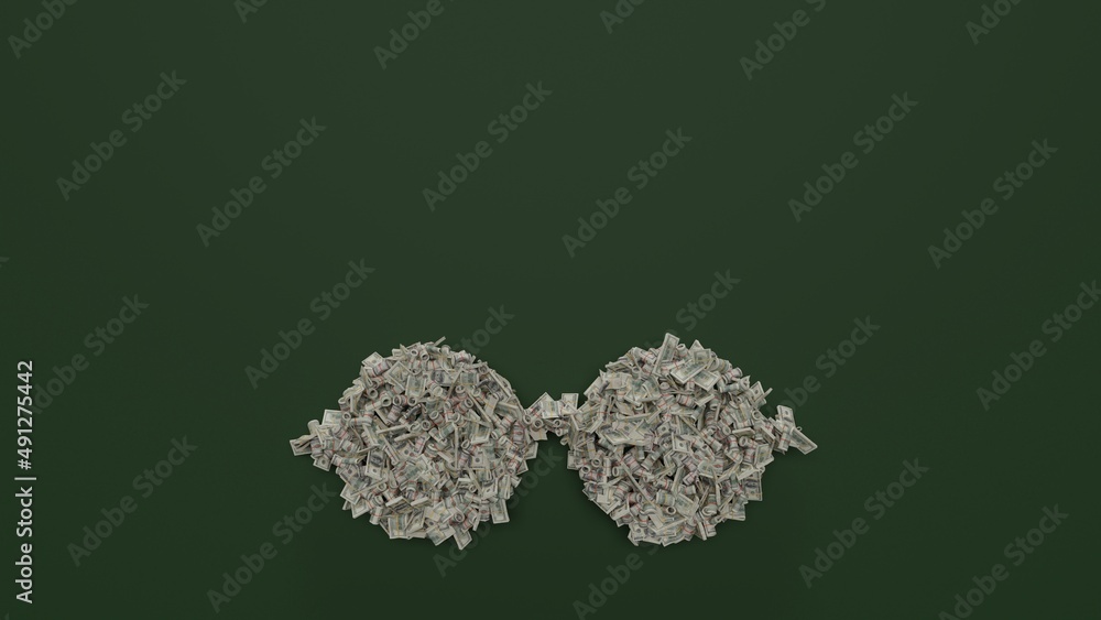 Poster 3d rendering of dollar cash rolls and stacks in shape of symbol of eyeglasses on green background