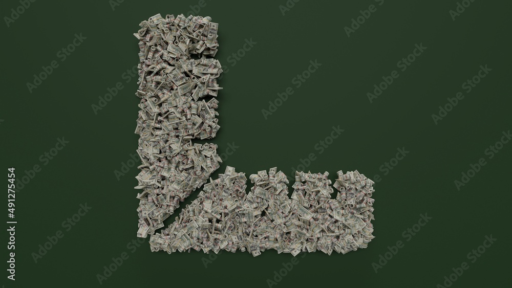 Poster 3d rendering of dollar cash rolls and stacks in shape of symbol of ruler combined on green backgroun