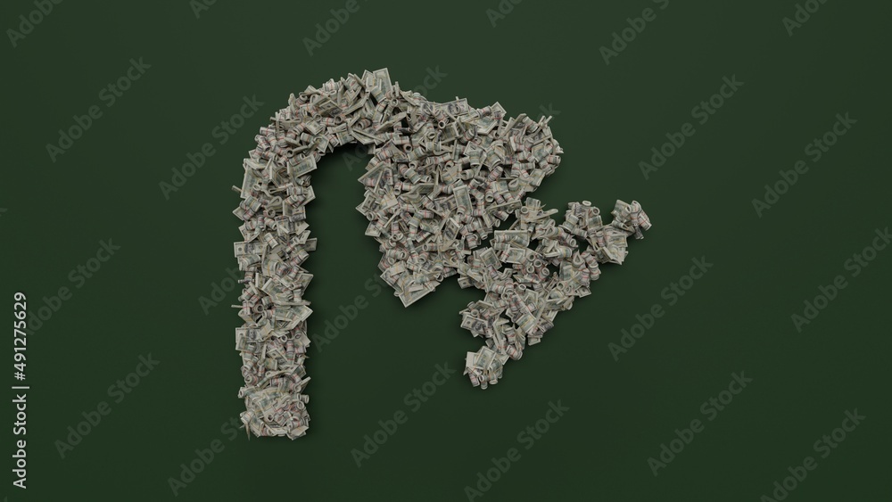 Poster 3d rendering of dollar cash rolls and stacks in shape of symbol of shower on green background