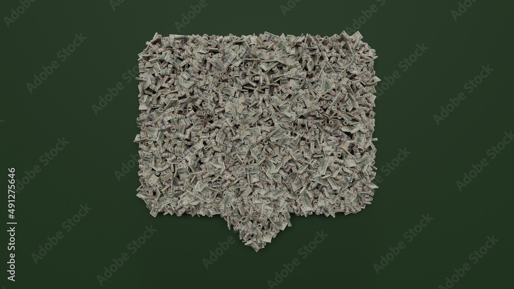 Poster 3d rendering of dollar cash rolls and stacks in shape of symbol of rectangular chat bubble on green 