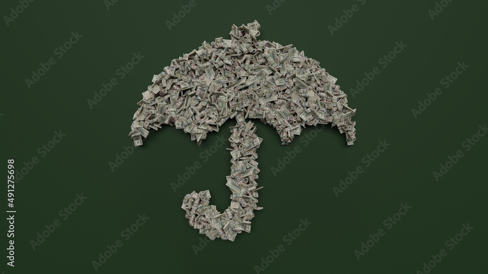 Poster 3d rendering of dollar cash rolls and stacks in shape of symbol of umbrella on green background