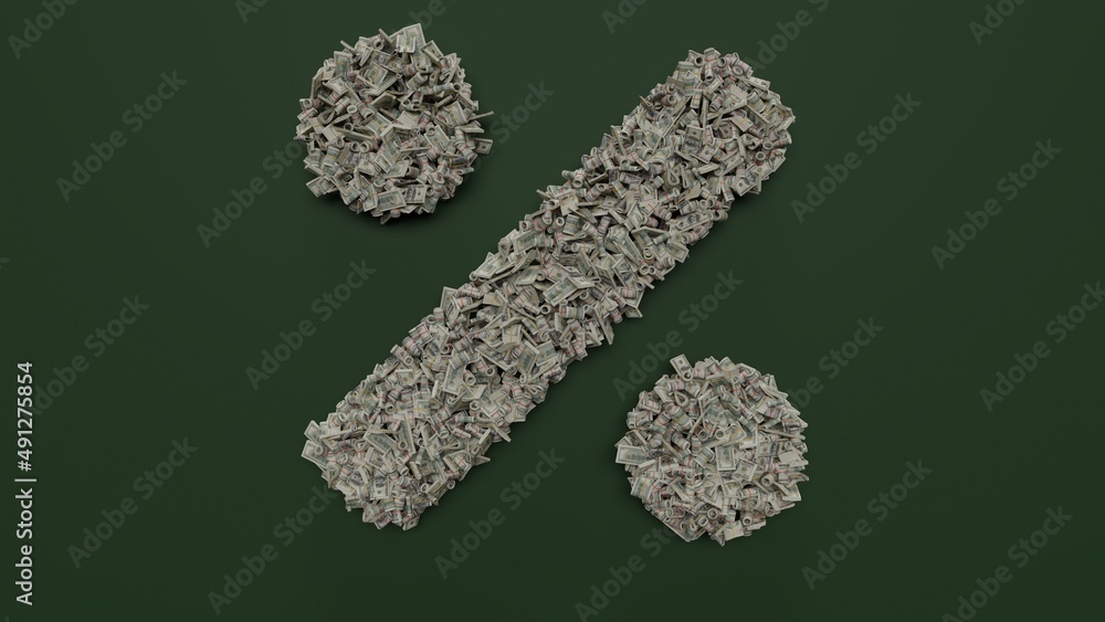Poster 3d rendering of dollar cash rolls and stacks in shape of symbol of percentage on green background