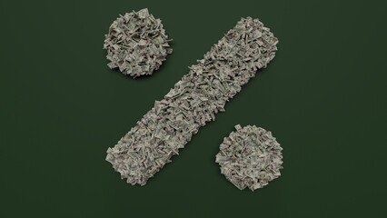 3d rendering of dollar cash rolls and stacks in shape of symbol of percentage on green background