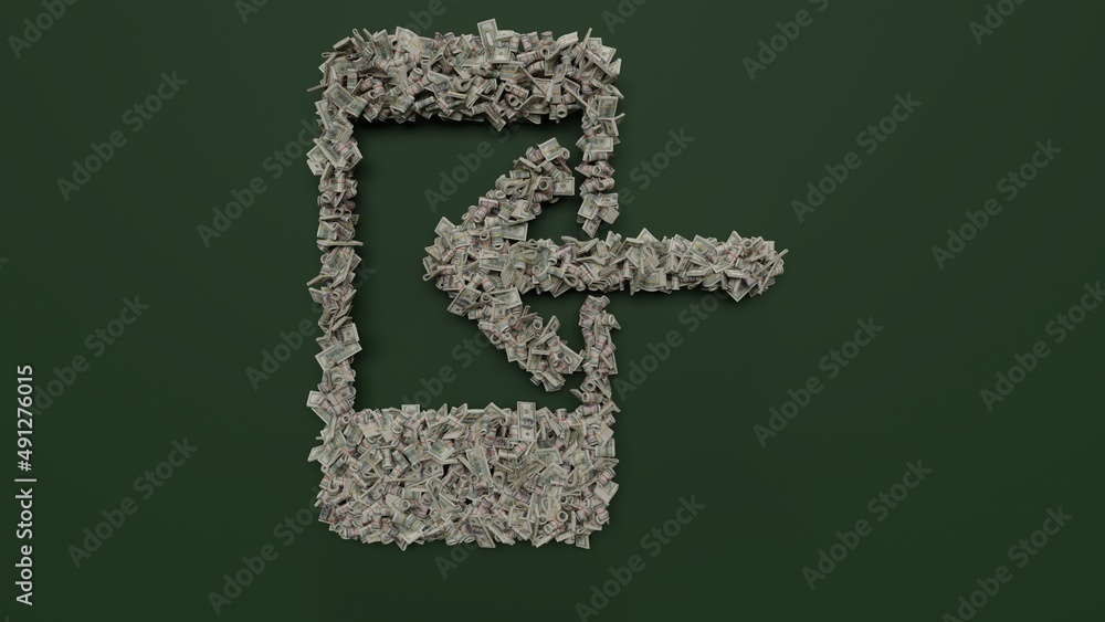 Poster 3d rendering of dollar cash rolls and stacks in shape of symbol of smartphone on green background