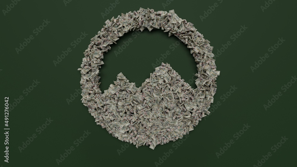 Poster 3d rendering of dollar cash rolls and stacks in shape of symbol of circle mountain on green backgrou