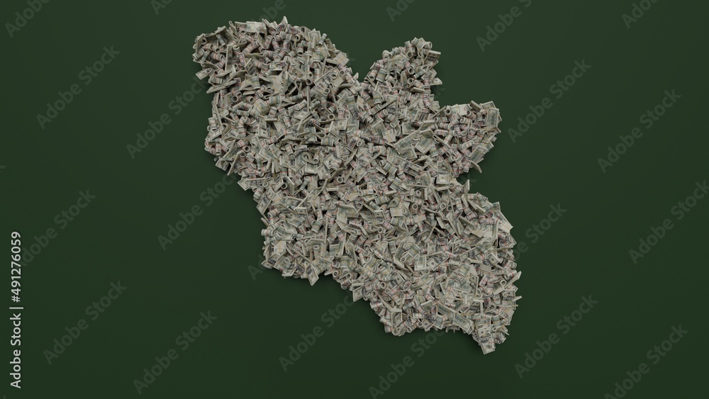 Poster 3d rendering of dollar cash rolls and stacks in shape of symbol of bat on green background