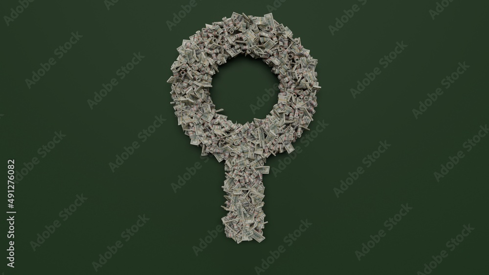 Poster 3d rendering of dollar cash rolls and stacks in shape of symbol of neuter on green background