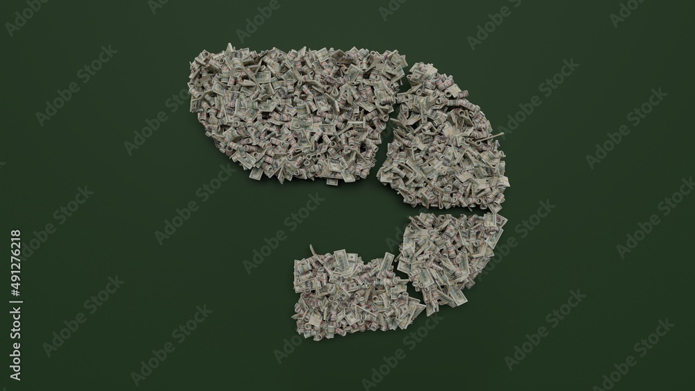 Poster 3d rendering of dollar cash rolls and stacks in shape of symbol of shrimp on green background