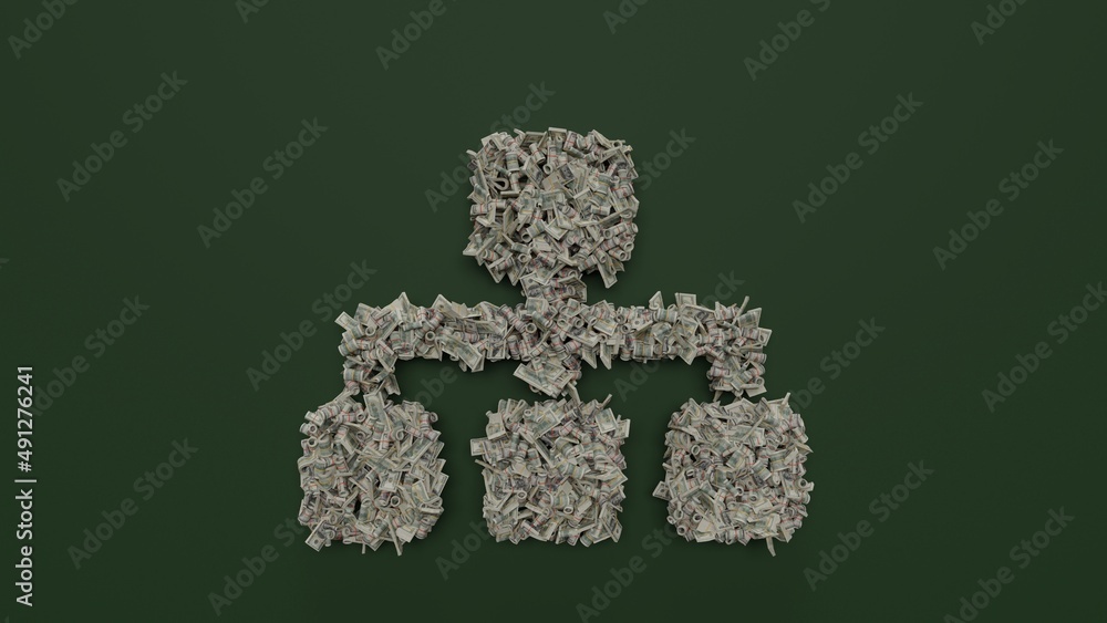 Poster 3d rendering of dollar cash rolls and stacks in shape of symbol of sitemap on green background