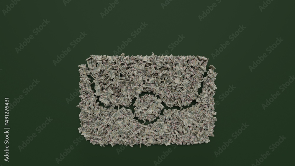 Poster 3d rendering of dollar cash rolls and stacks in shape of symbol of clutch on green background