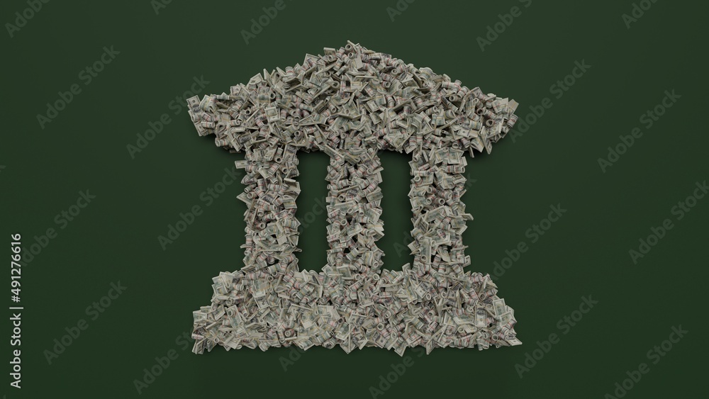 Aufkleber 3d rendering of dollar cash rolls and stacks in shape of symbol of university on green background
