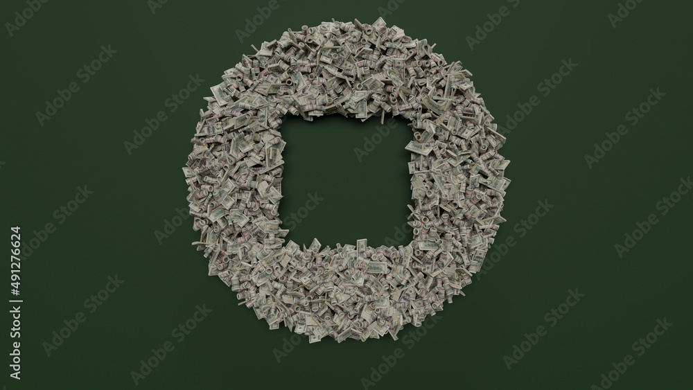 Poster 3d rendering of dollar cash rolls and stacks in shape of symbol of stop on green background