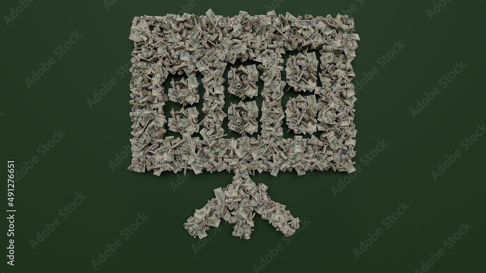 Aufkleber 3d rendering of dollar cash rolls and stacks in shape of symbol of bar chart on green background