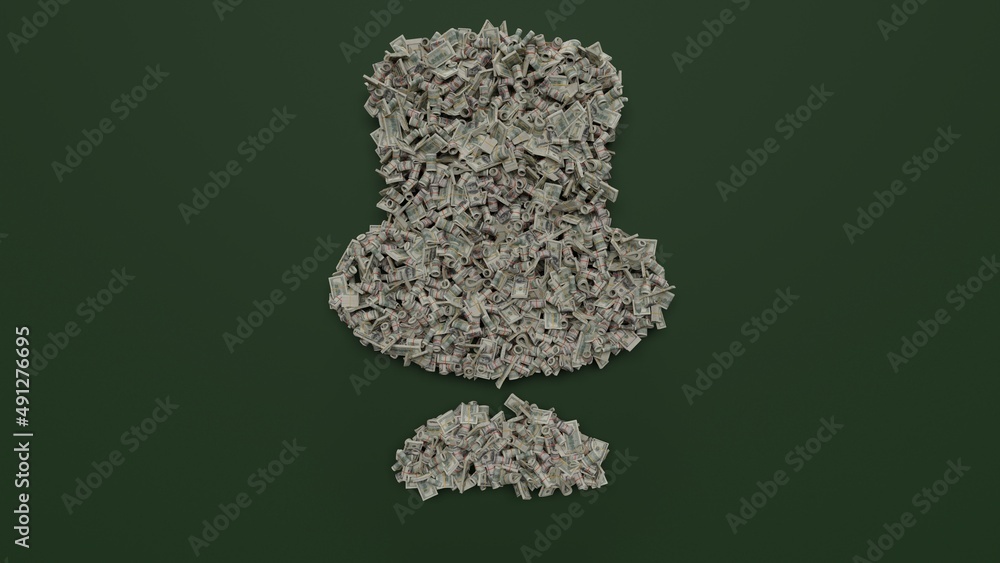 Poster 3d rendering of dollar cash rolls and stacks in shape of symbol of gentleman on green background