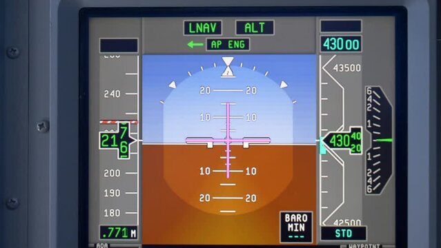 Primary Flight Display (PFD) in the Cockpit, Footage from Close Up, Handheld Shot During Flight