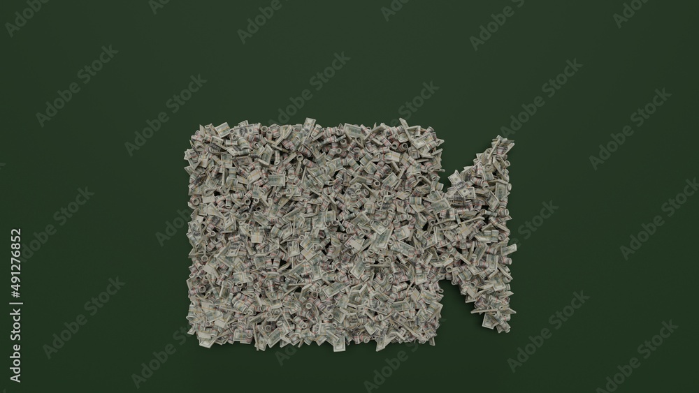 Poster 3d rendering of dollar cash rolls and stacks in shape of symbol of video on green background