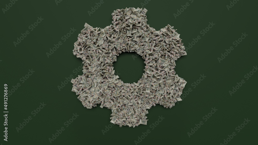 Poster 3d rendering of dollar cash rolls and stacks in shape of symbol of cogwheel on green background