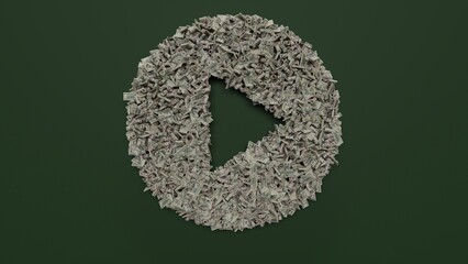 3d rendering of dollar cash rolls and stacks in shape of symbol of play button on green background