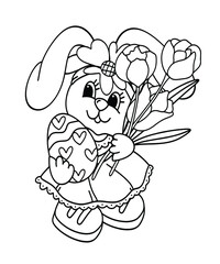 Little bunny holding Easter eggs and flowers illustration for coloring book