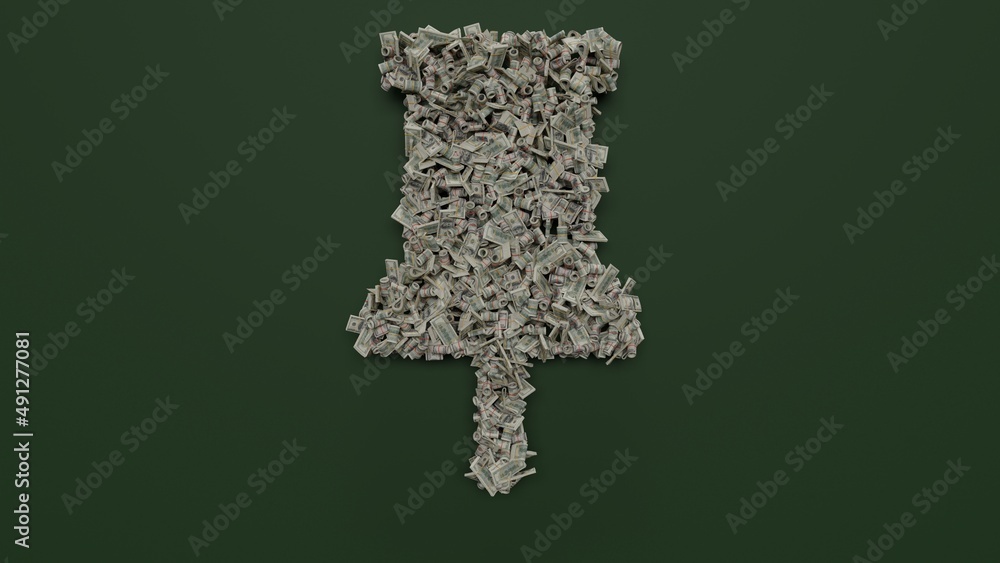 Poster 3d rendering of dollar cash rolls and stacks in shape of symbol of mark on green background